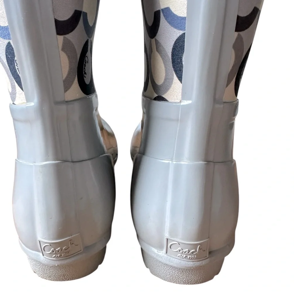 COACH Boots Women’s “Signature C” Tall Rain Boot Gray Blue Cream Pearl Size 7B